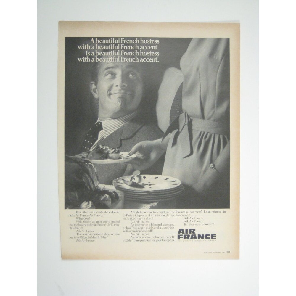 Vintage 1967 Air France Advertisement Stewardess French
